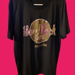 Hard Rock Cafe Acapulco T-Shirt Black Women Embellished Sequins Beaded Tee Large